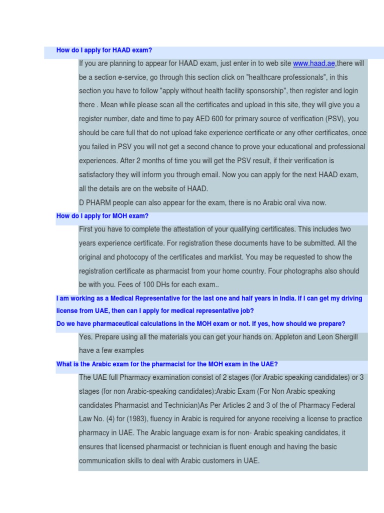 HAAD and MOH Exam Guide for Pharmacists | PDF | Pharmacist | Pharmacy