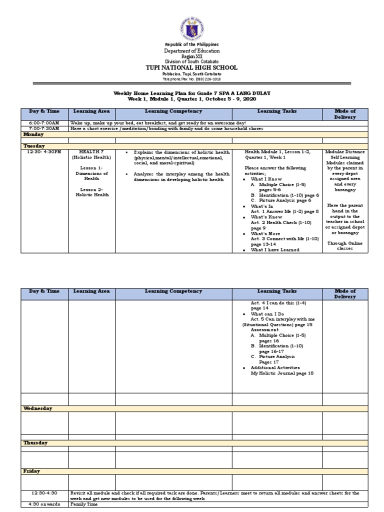 Grade 7 Weekly Learning Plan: Health | PDF | Learning | Teaching