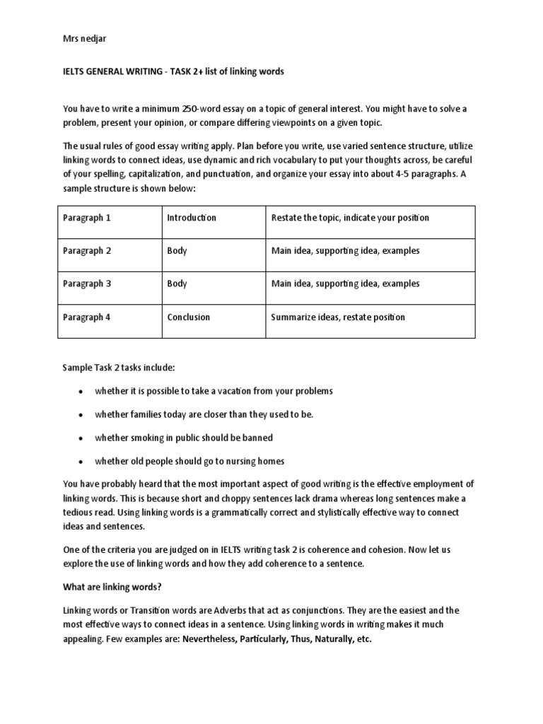 Essential Linking Words for IELTS Writing | PDF | Word | Paragraph