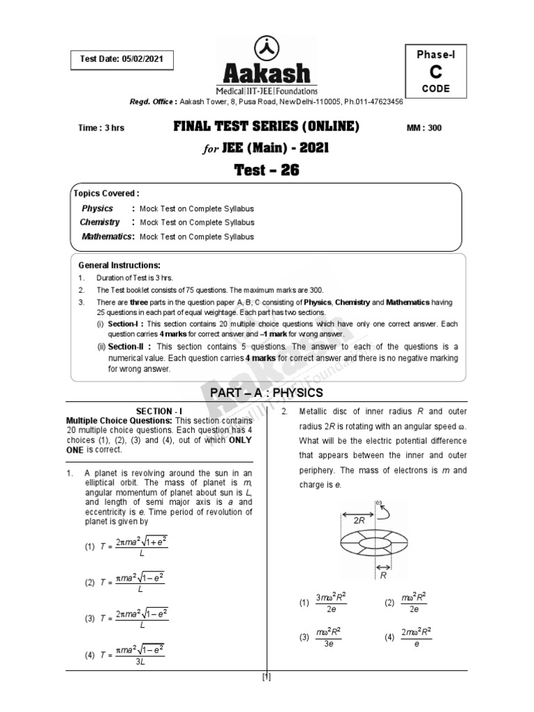 Test - 26: Final Test Series (Online) For JEE (Main) - 2021 | PDF ...