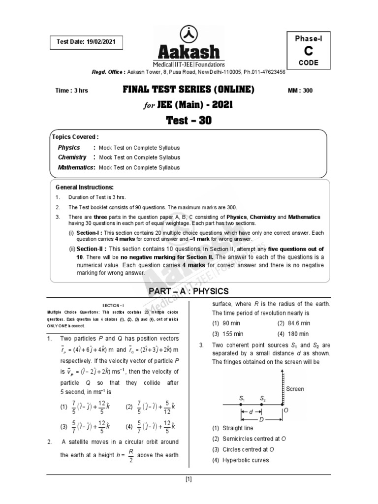JEE Main 2021 Final Test Series - Physics | PDF | Electronvolt | Electron