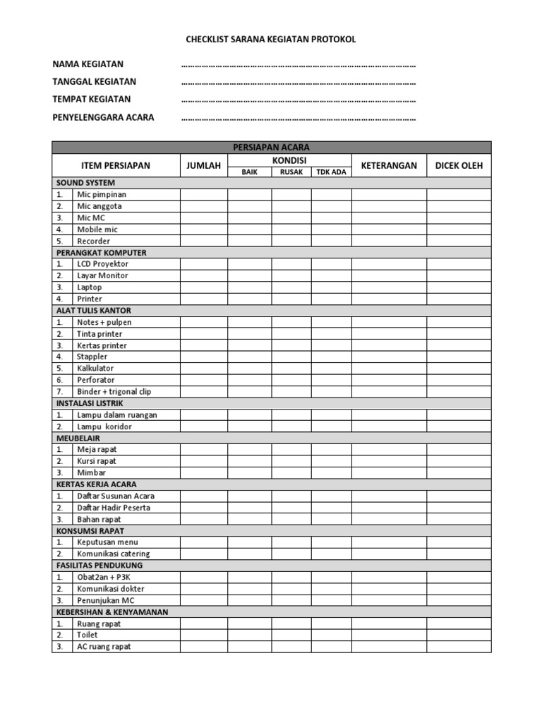 Checklist Sarana Kegiatan Protokol