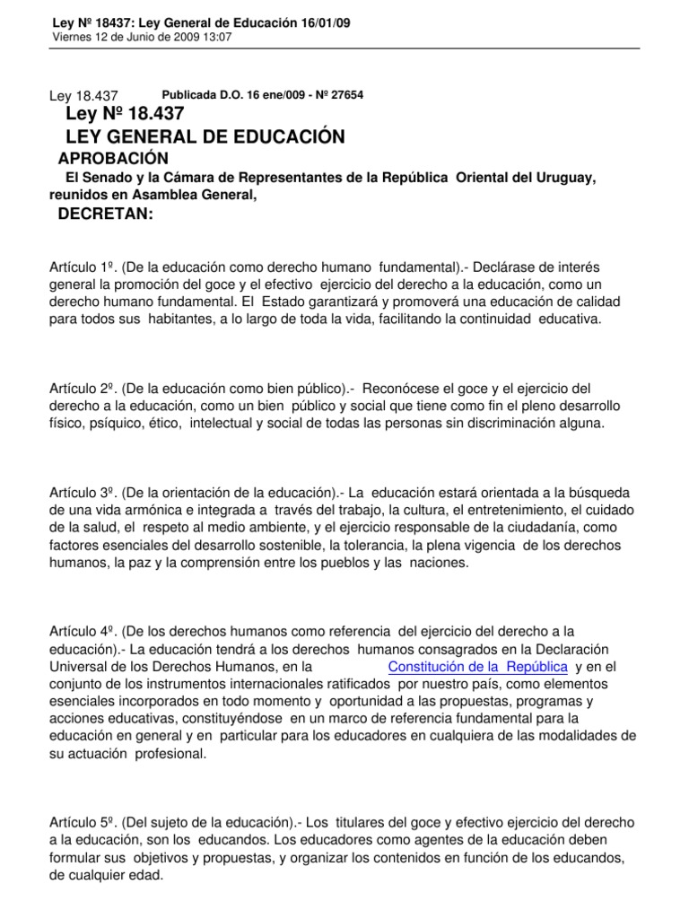 Ley General de Educación 18.437 Uruguay | PDF | Educación Secundaria ...