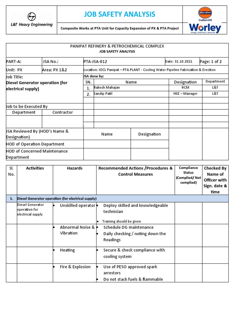 Diesel Generator Job Safety Analysis | PDF | Hazards | Safety