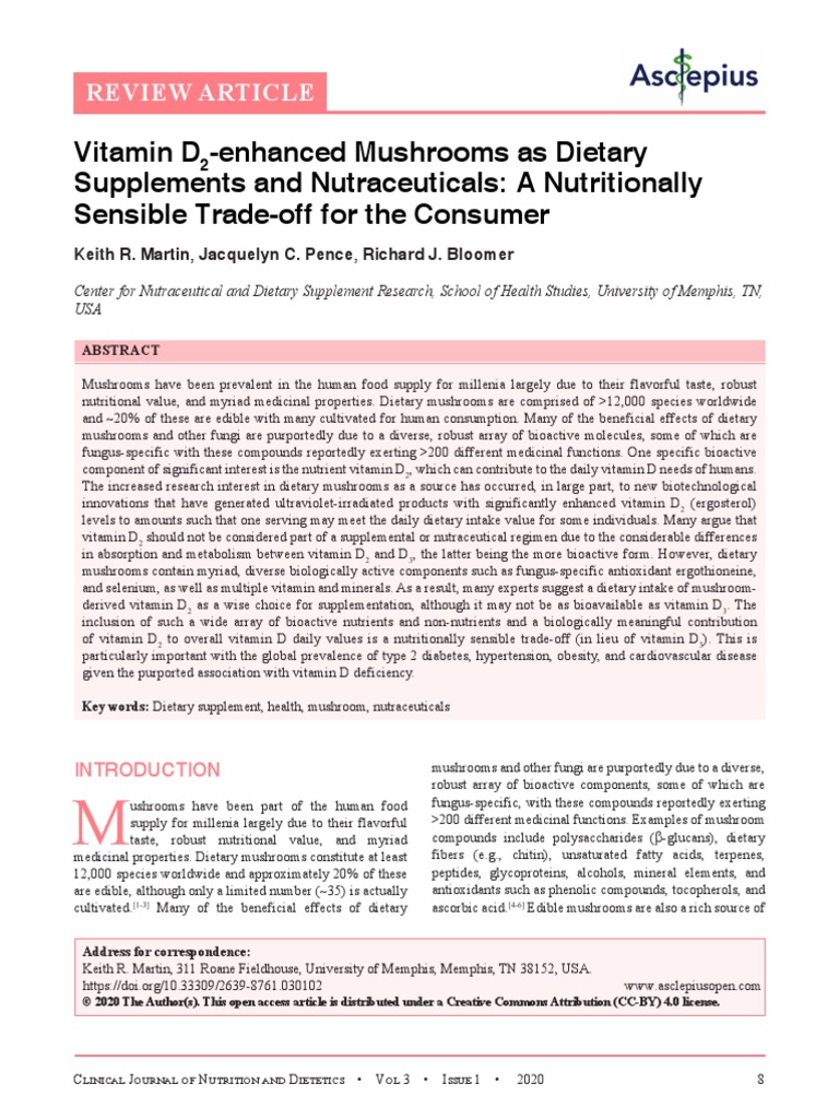 Vitamin D2Enhanced Mushrooms As Dietary Supplements and Nutraceuticals