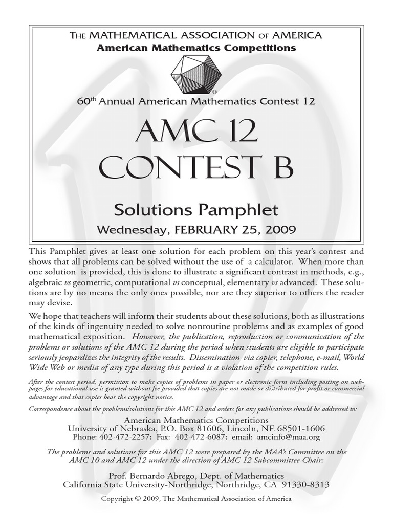 AMC 12 Contest B Solutions Pamphlet PDF Triangle Rectangle