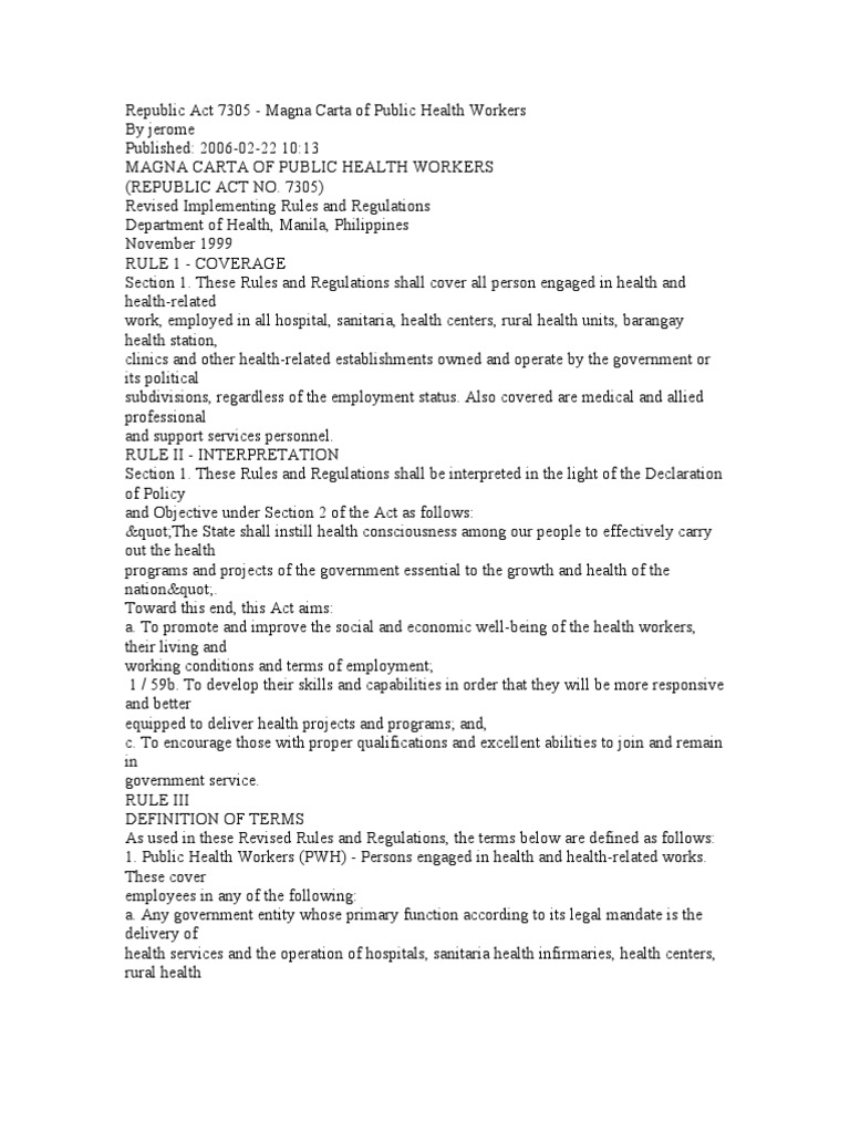 Republic Act 7305 | PDF | Working Time | Salary