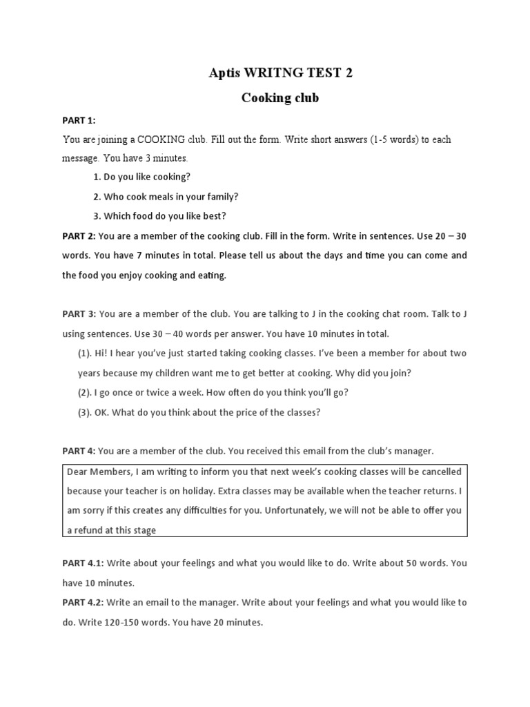 Aptis Writng Test 2 Cooking Club | PDF | Language Arts & Discipline