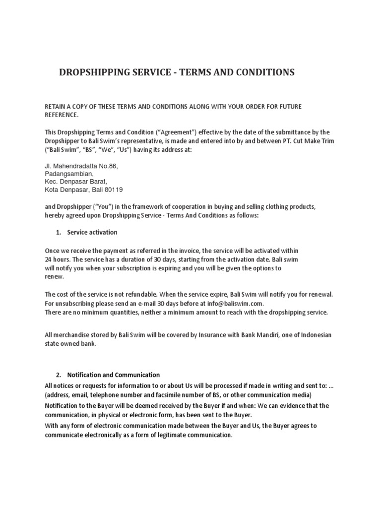 Bali Swim Dropshipping T&C PDF Fee Business