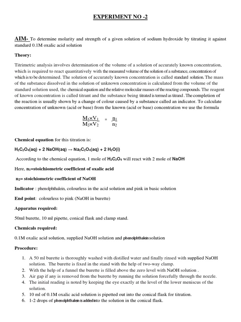 Naoh Vs Oxalic Acid Titration PDF Chemistry Titration