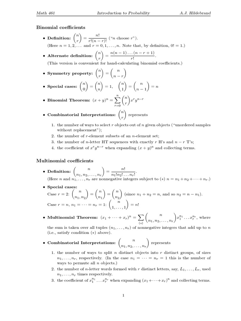 Binomial Coefficients: N N R N R | PDF