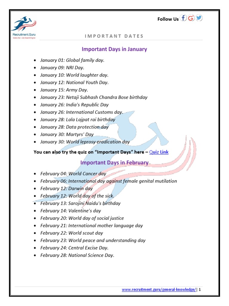 Important Days in January Follow Us PDF