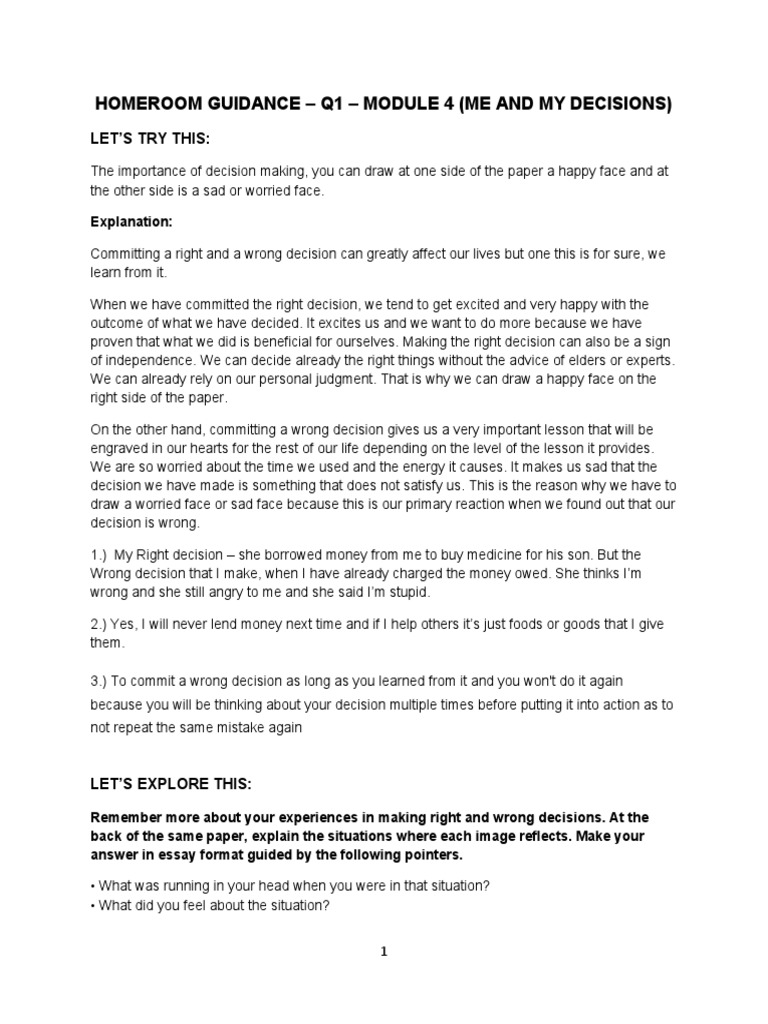 Homeroom Guidance Quarter 1 Module 4 Pdf Decision Making
