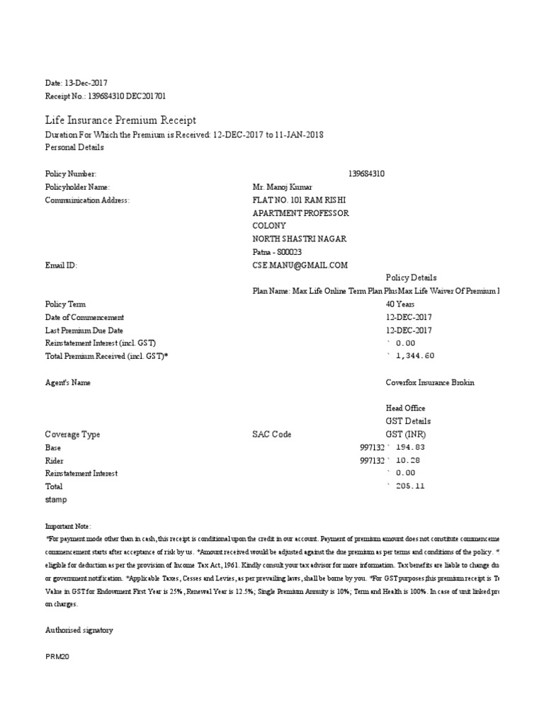 Life Insurance Premium Receipt Duration For Which The Premium Is