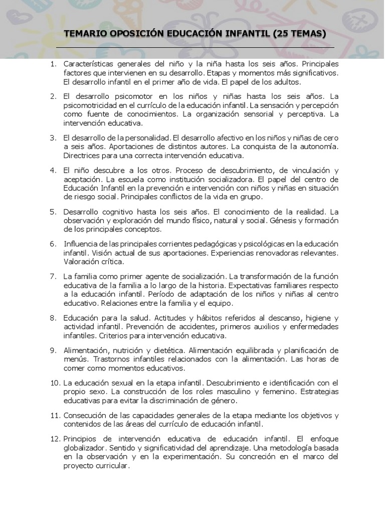 Temario Oposiciones Educación Infantil | PDF | Educación de la primera ...