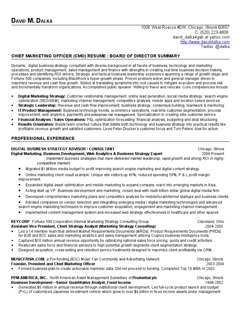 Chief Marketing Officer Resume (CMO) / Board of Directors Resume / SVP