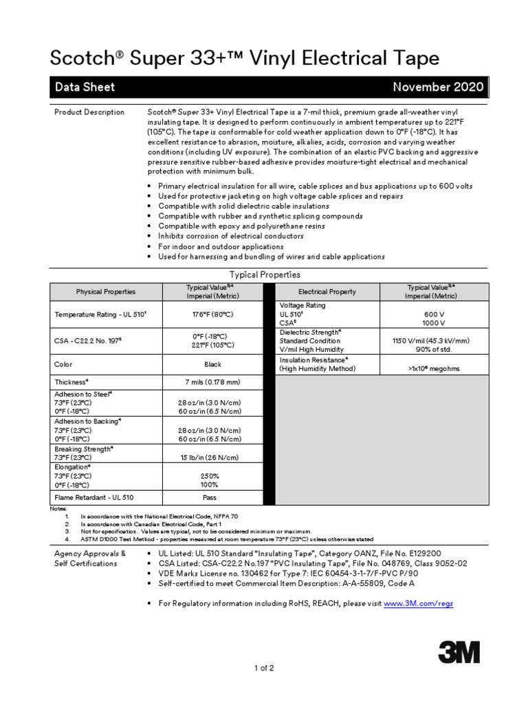 Scotch Super 33+ Vinyl Electrical Tape Data Sheet November 2020 PDF