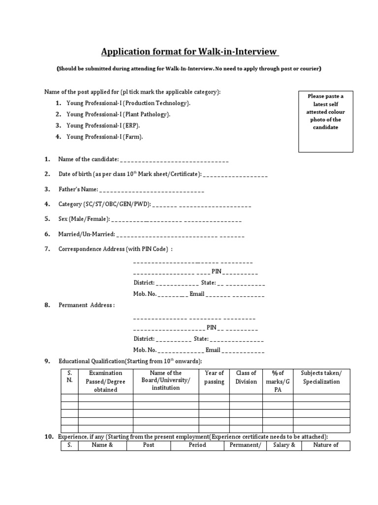 Walk-in Interview Application Format | PDF
