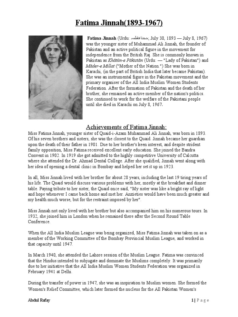 Fatima jinnah main contribution for pakistan image