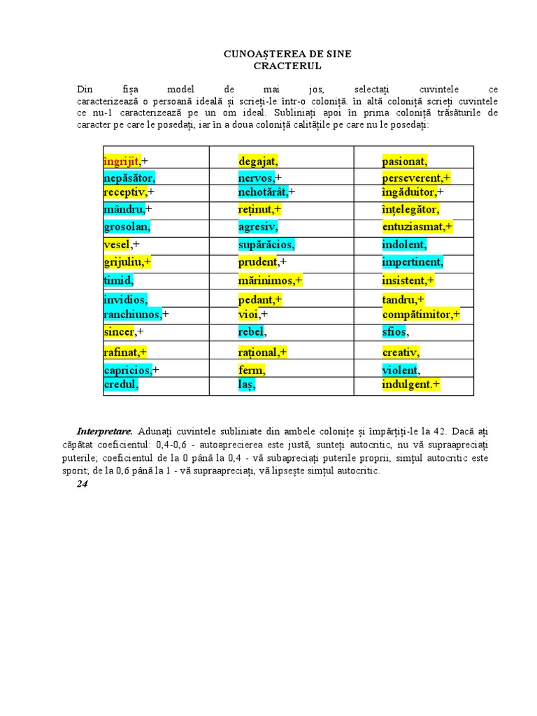 Test La Caracter | PDF
