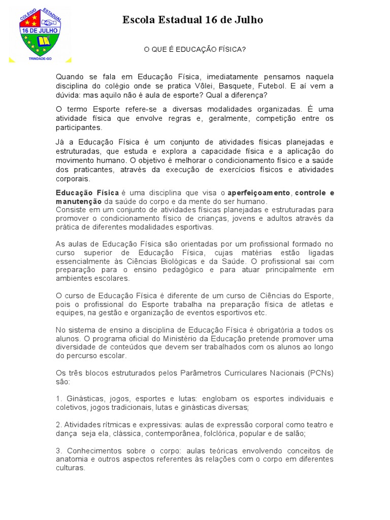 Texto Sobre Educação Física Escolar | PDF | Educação Física | Física