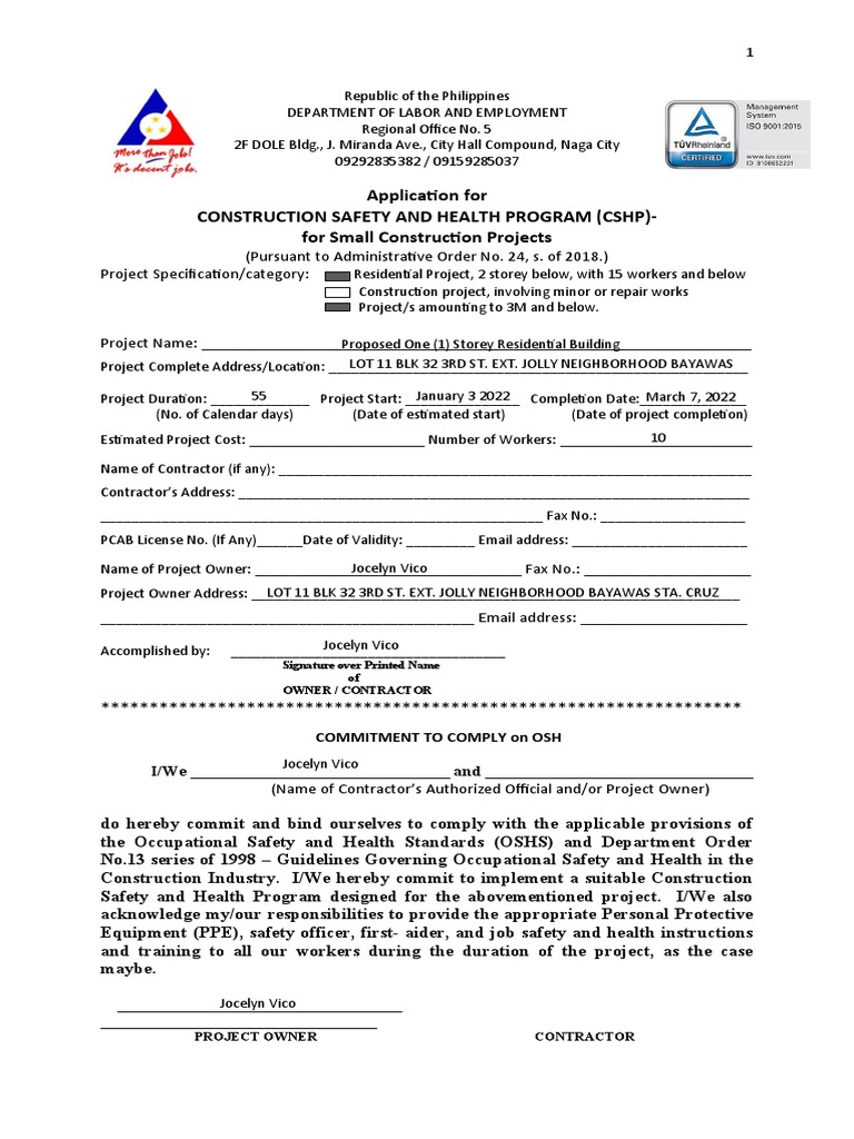 CSHP Application for Small Projects in Naga | PDF | Personal Protective ...