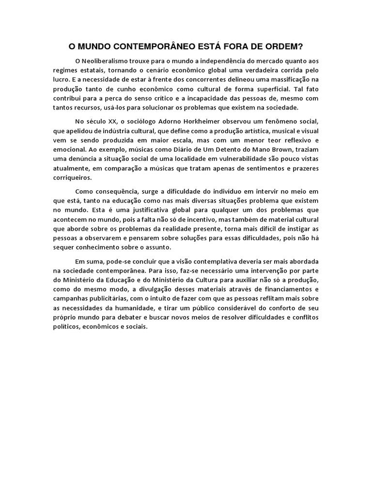Redação O Mundo Contemporâneo Está Fora