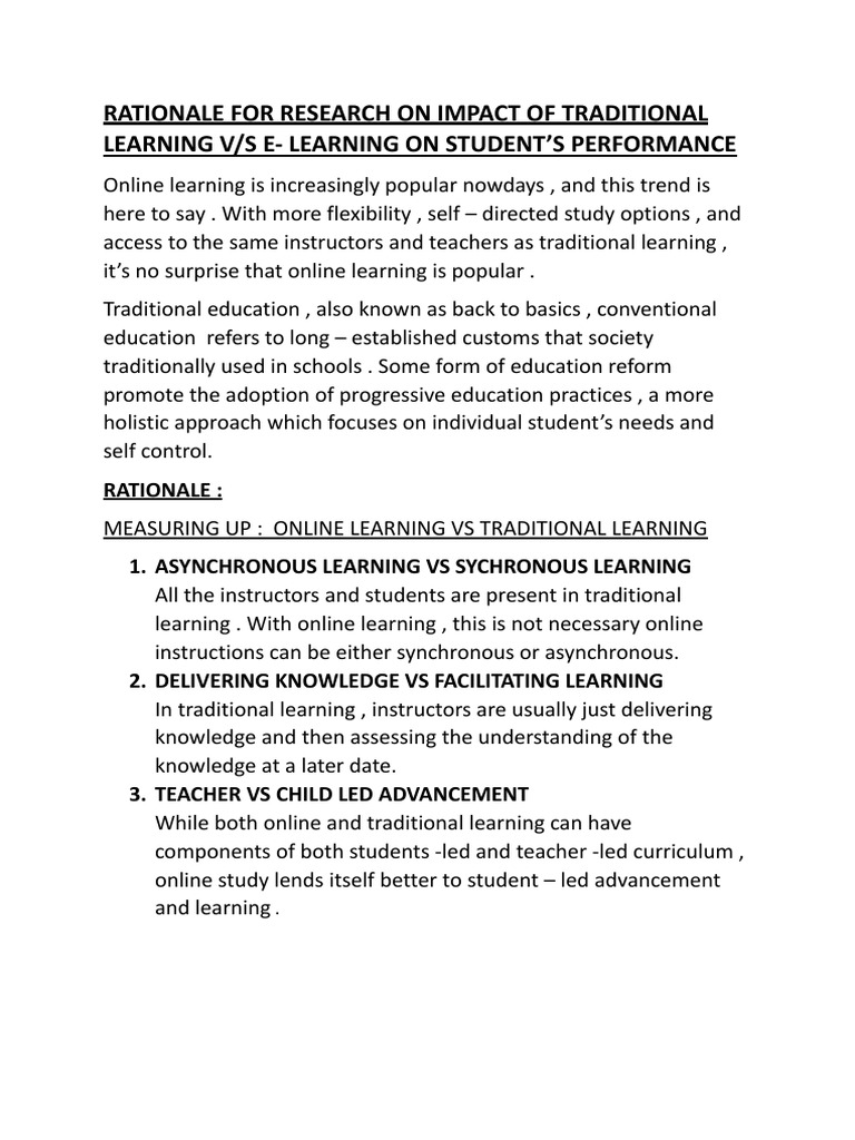 'Rationale For Research On Impact of Traditional Learning | PDF ...