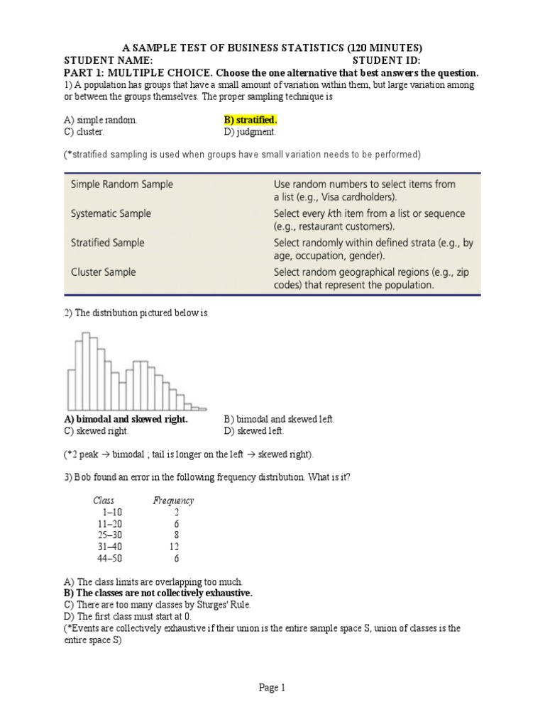 Analysis of a Business Statistics Exam with Multiple Choice Questions ...