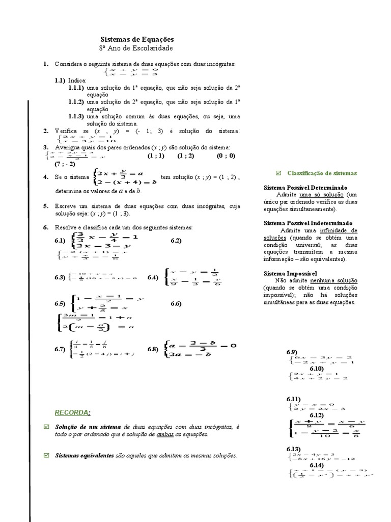Ficha Sistemas 8 Ano | PDF | Equações | Matemática