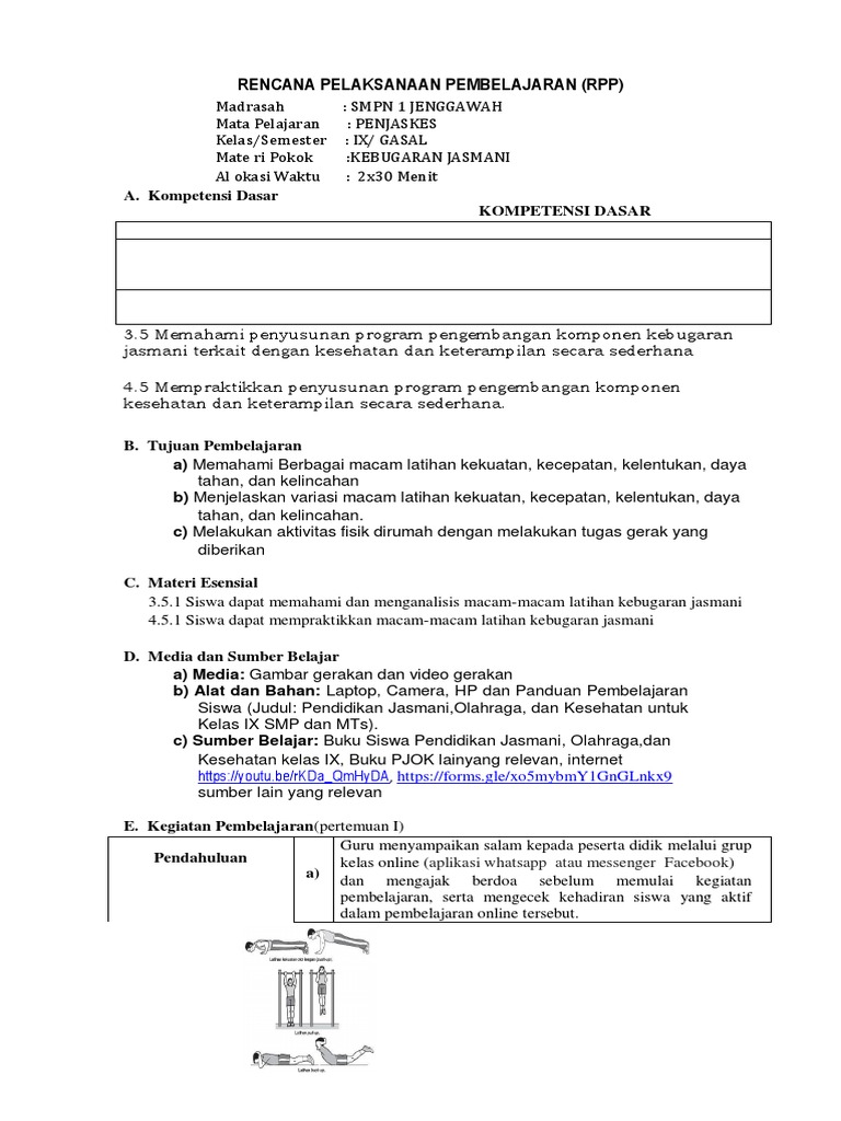 RPP PJJ PJOK - Kebugaran Jasmani Kelas 9 | PDF