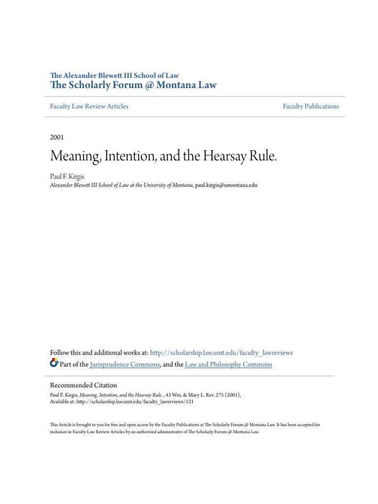 Meaning Intention and The Hearsay Rule. PDF Hearsay Evidence (Law)