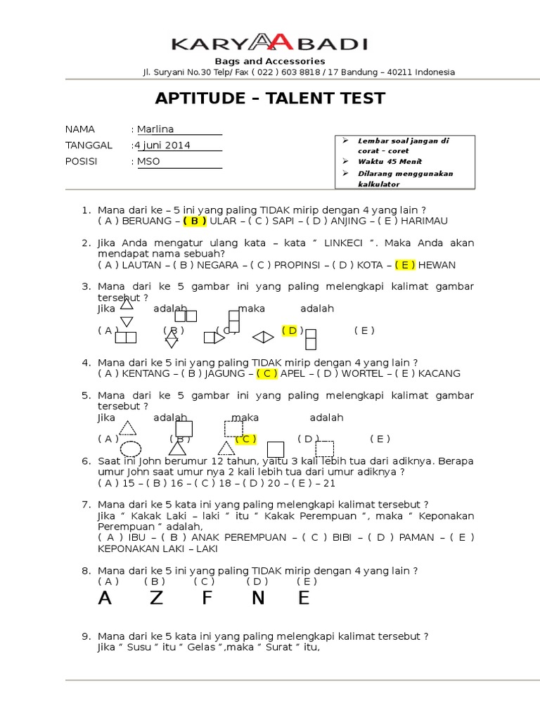 Kunci Jawaban Tes Aptitude 2014 | PDF