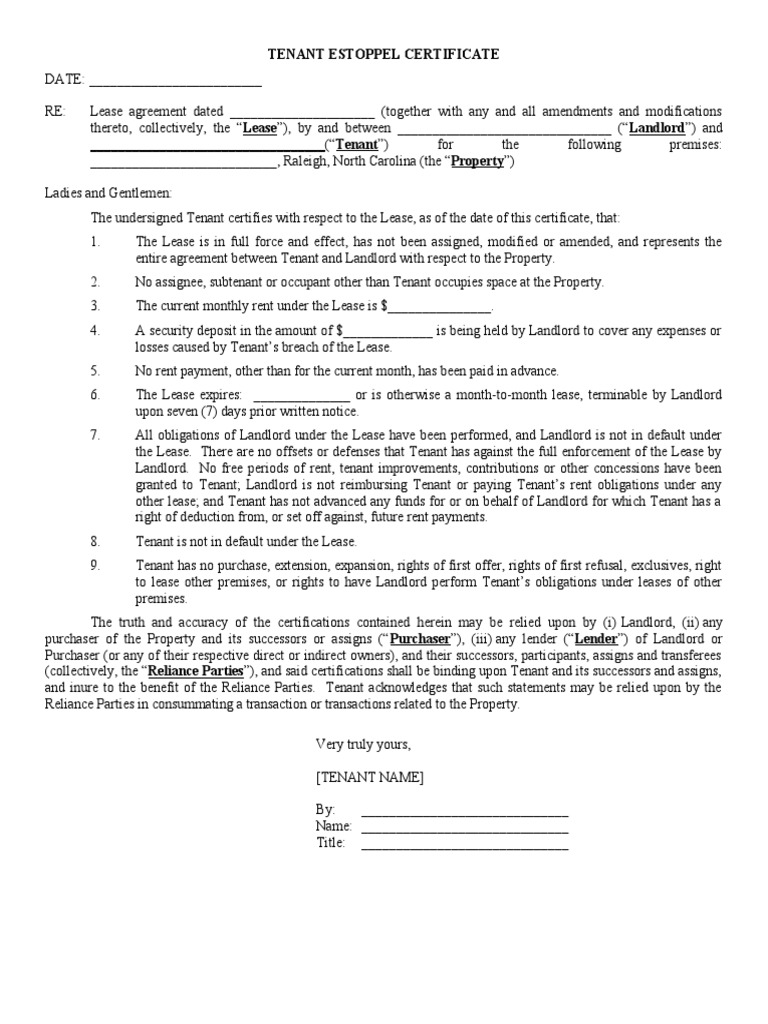 Tenant Estoppel Certificate PDF Lease Leasehold Estate