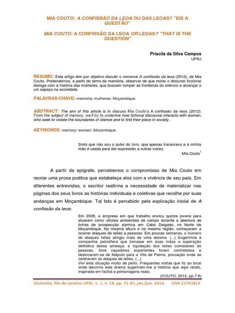 Mia Couto A Confissao Da Leoa Ou Das Leoas Eis A Q | PDF | Mulher | Leão