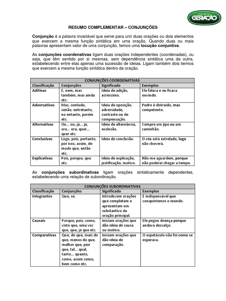 Material Complementar Conjuncoes | PDF | Sintaxe