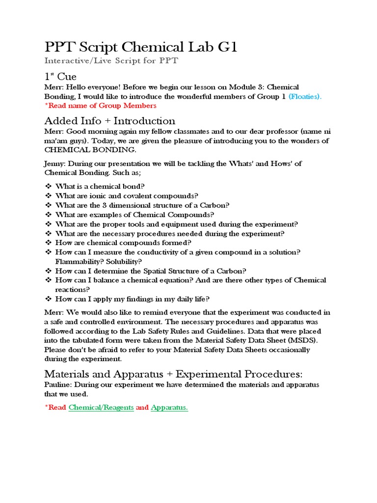 Script Chemical Lab G1 PDF Chemical Compounds Chemical Bond