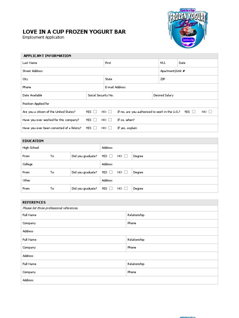 Love in A Cup Frozen Yogurt Bar Employment Application PDF