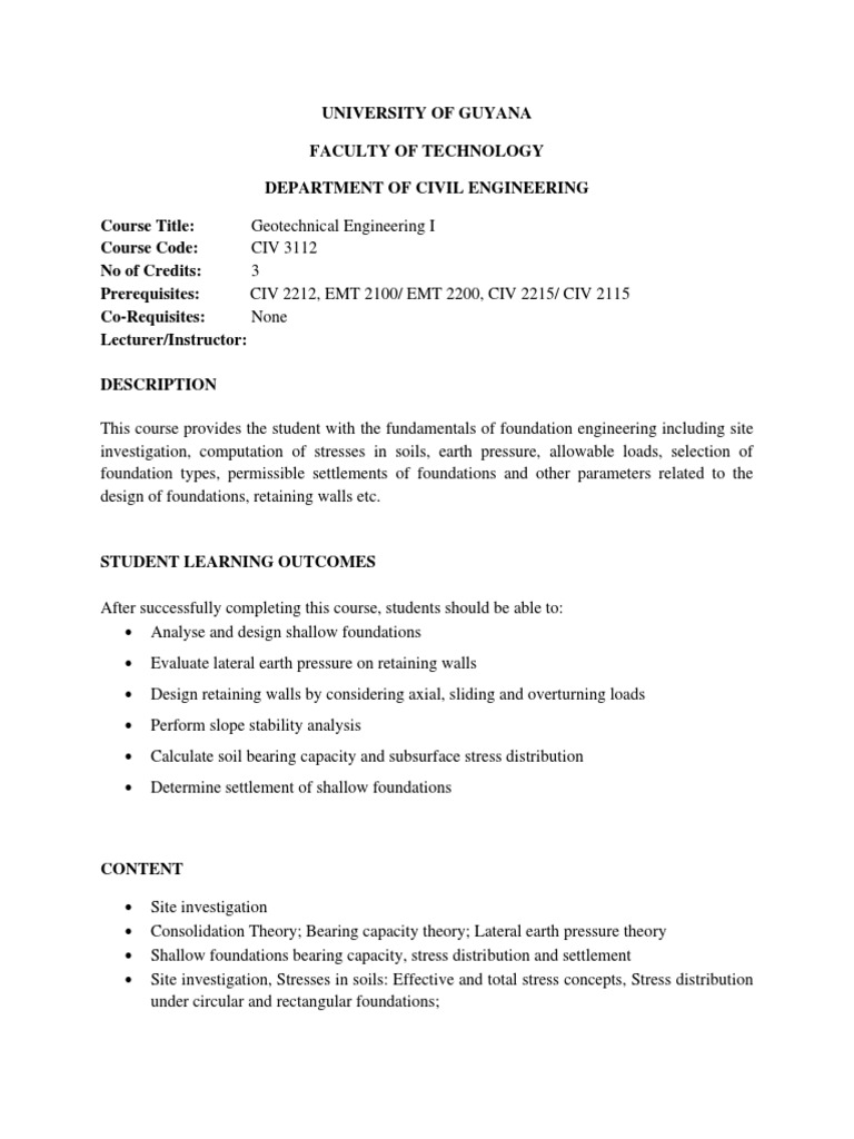 Course Outline CIV3112 - Geotechnical Engineering I | PDF ...