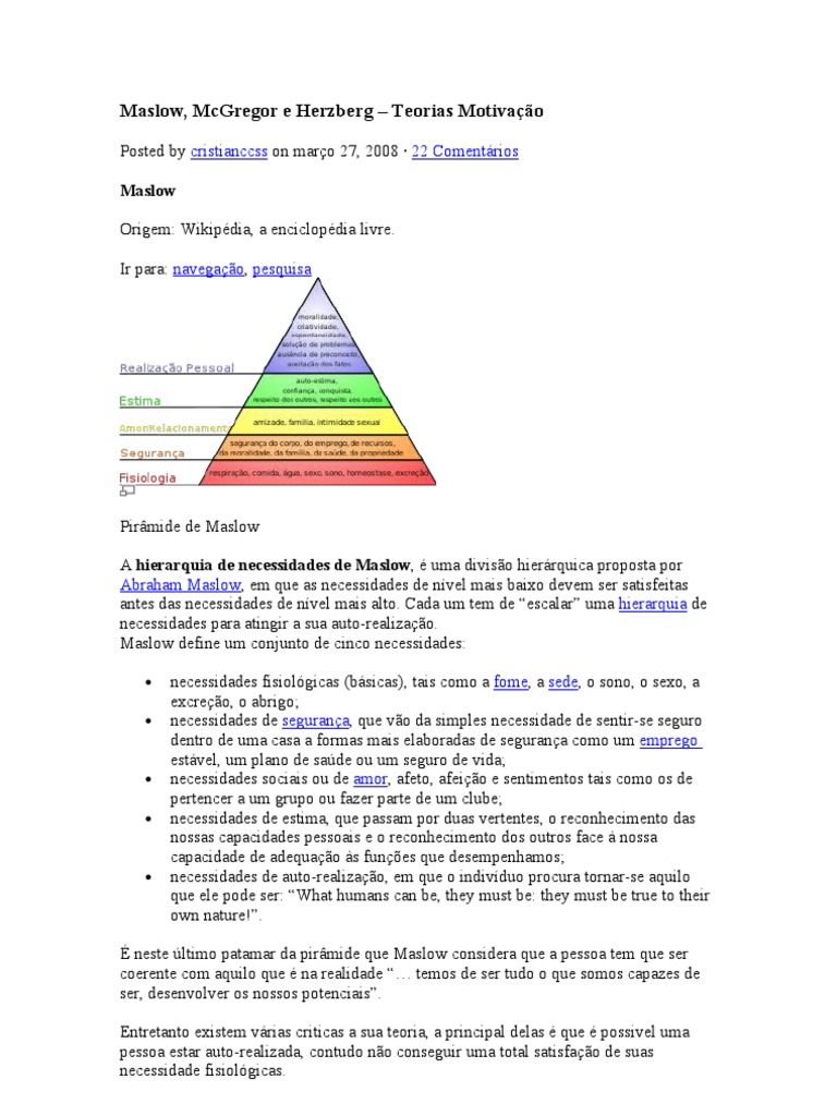 Teorias de Motivação: Maslow, McGregor e Herzberg | PDF | Motivação ...