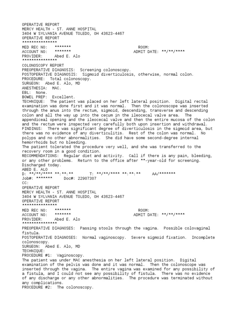 Abed Alo - Operative Report | PDF | Colonoscopy | Hemorrhoid