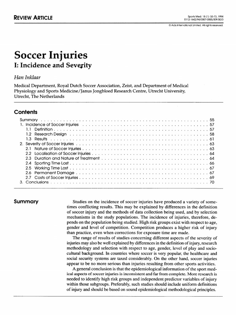 Soccer Injuries PDF Association Football Epidemiology