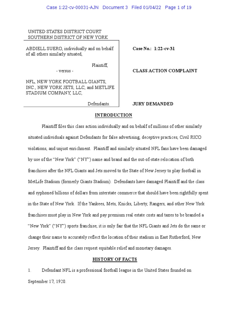Jets and Giants Lawsuit PDF Class Action New York Giants