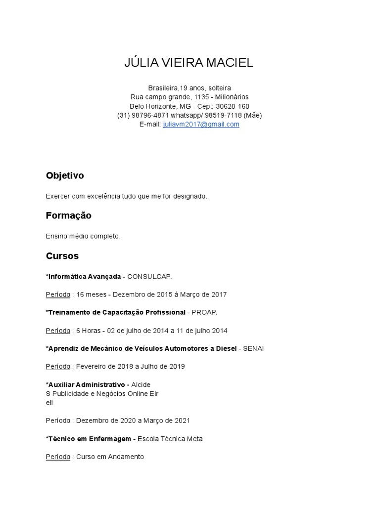 Currículo de Júlia Vieira Maciel | PDF