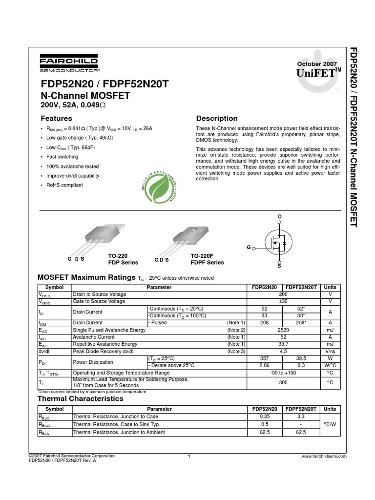 Fdp52N20 / Fdpf52N20T: Unifet | PDF | Field Effect Transistor | Mosfet