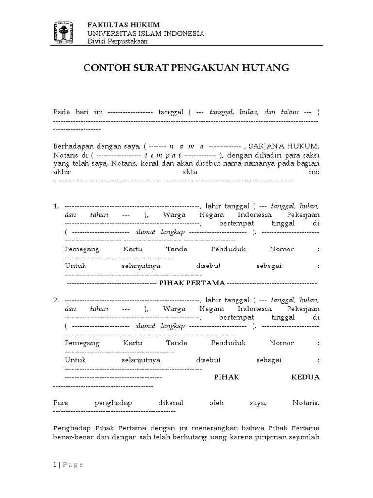 Contoh Surat Pengakuan Hutang FH UII | PDF