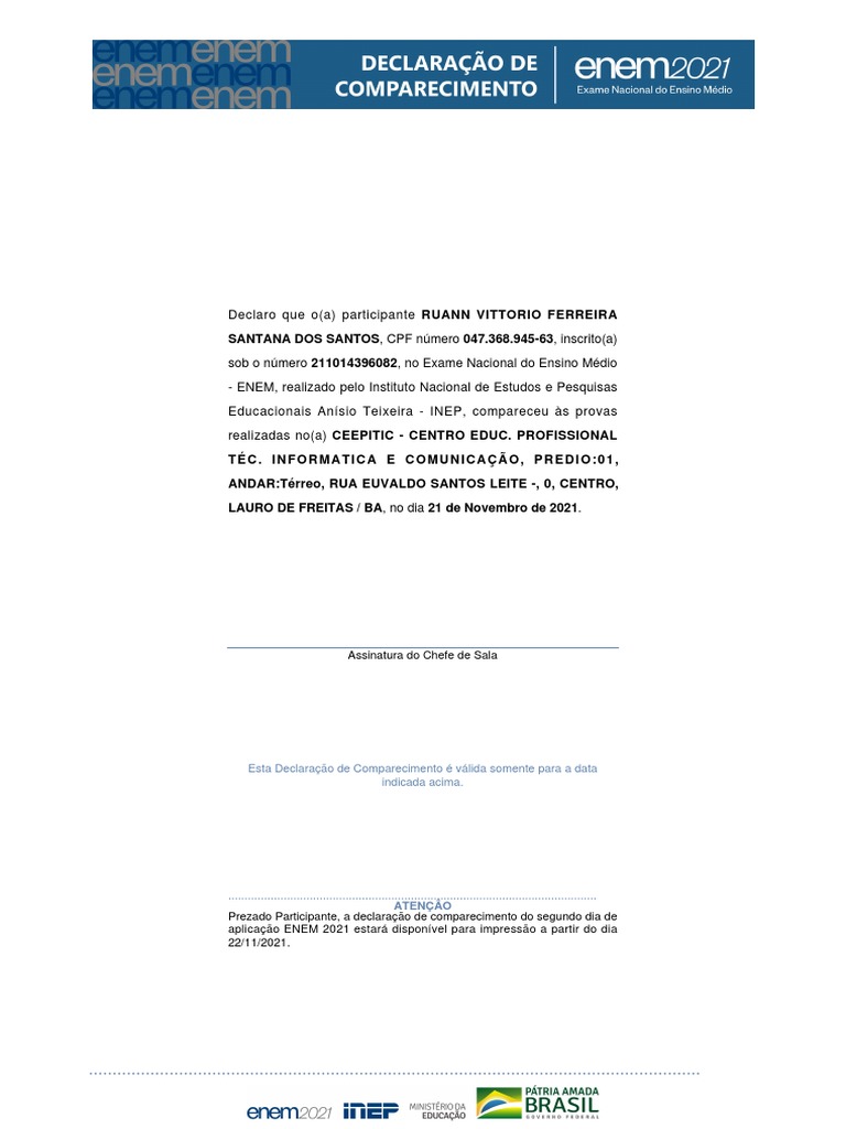 Declaração de Comparecimento ENEM 2021 | PDF