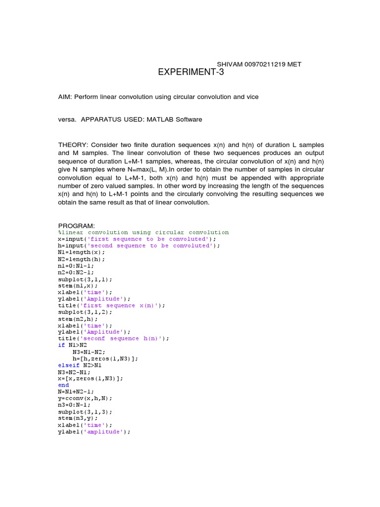 Experiment3 linear Convolution Using Circular Convolution PDF