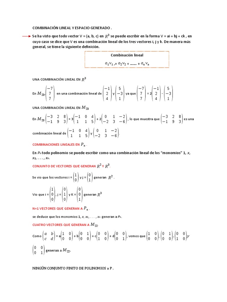 Combinación Lineal y Espacio Generado PDF