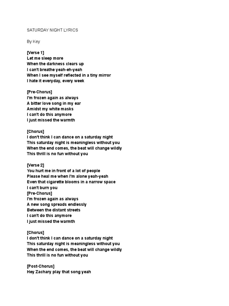 Saturday Night Lyrics by Key PDF Song Structure Vocal Music